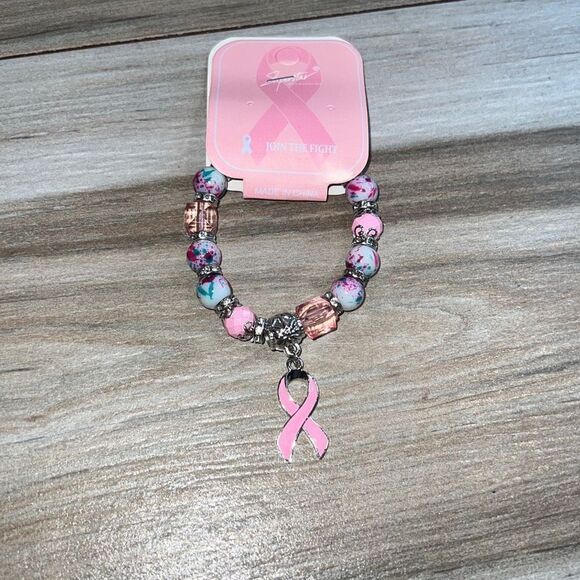 Pink And White Floral Breast Cancer Awareness Stretch Bracelet - Picture 1 of 6